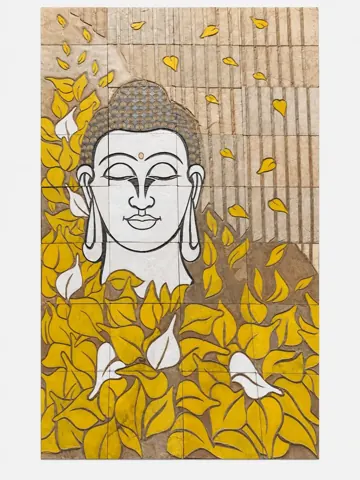 Buddha Portrait with Golden Leaves Stone Mural — OS-SM-178
