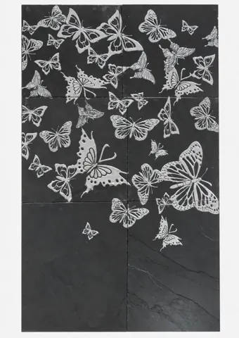 Butterfly Flight on Charcoal Stone Mural — OS-SM-170, view 1