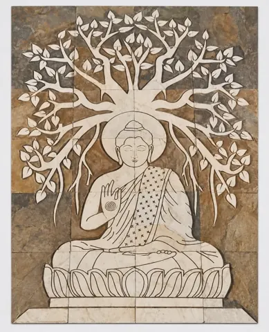 Buddha beneath Sweeping Leaf Tree Stone Mural — OS-SM-173, view 1
