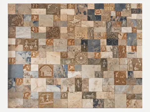 Carved Patchwork Stone Staircase Wall — OS-SM-159, view 1
