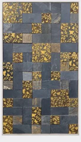 Gold Leaf on Charcoal Patchwork Stone Panel — OS-SM-162, view 1