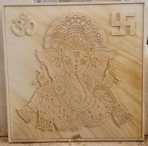Warm-Toned Ganesha Engraved Stone Mural — OS-SM-016