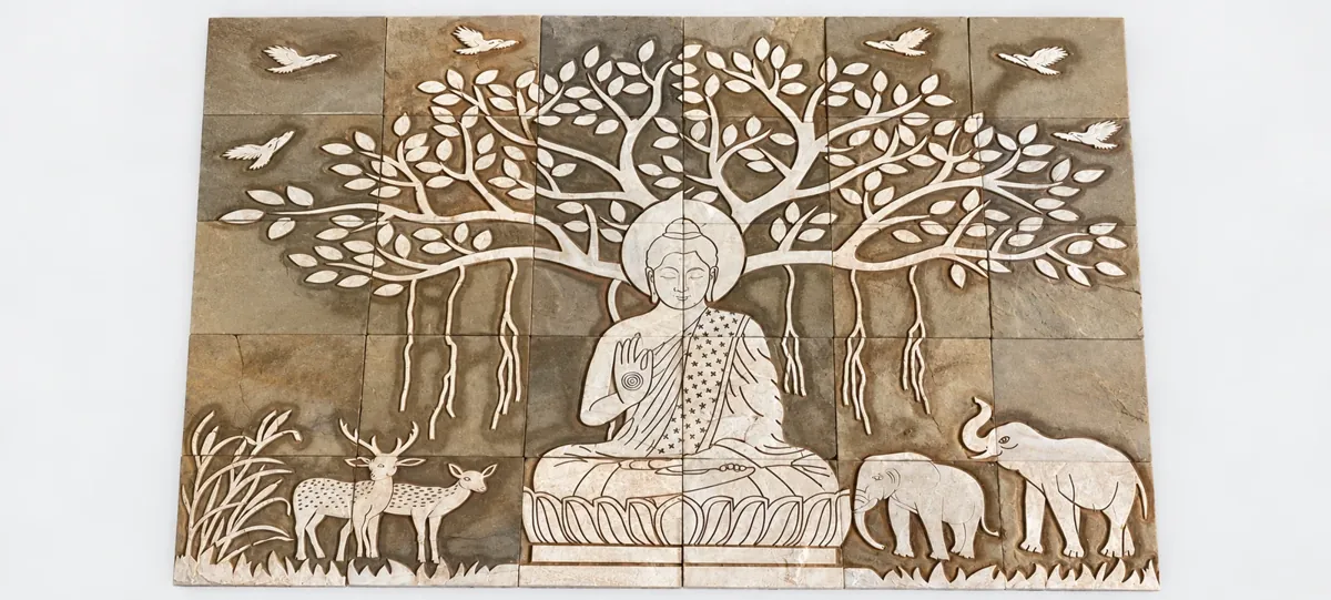 Buddha beneath Bodhi Tree with Woodland Animals — OS-SM-150 Carved Murals
