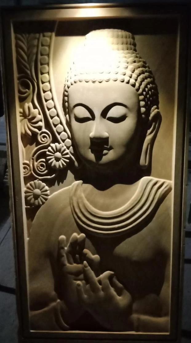 Buddha Blessing with Floral Scroll Stone Mural — OS-SM-043, view 2