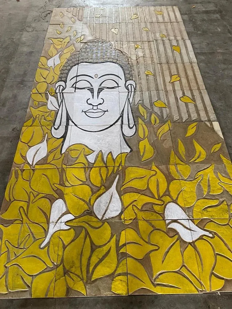 Buddha Portrait with Golden Leaves Stone Mural — OS-SM-178, view 2