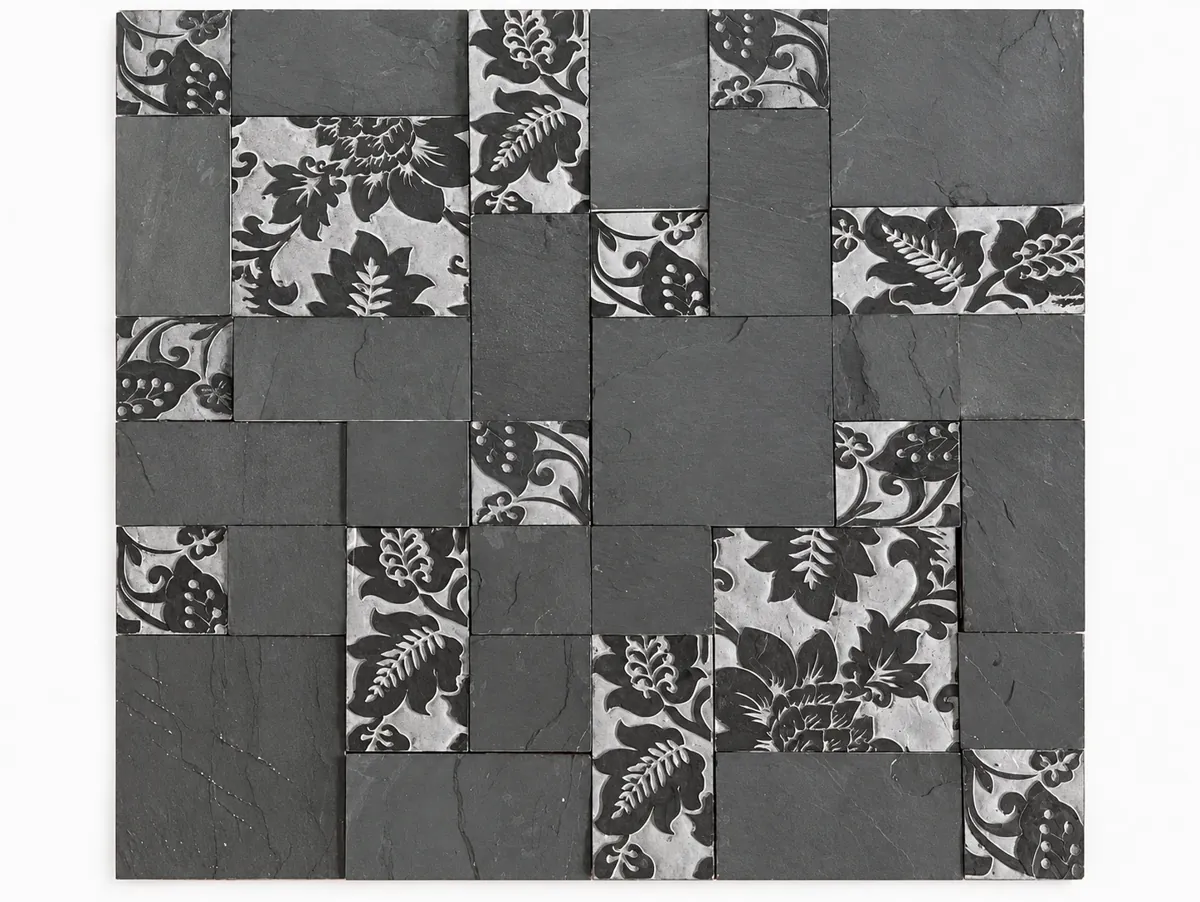 Charcoal Floral Patchwork Stone Panel — OS-SM-175 Relief Panels