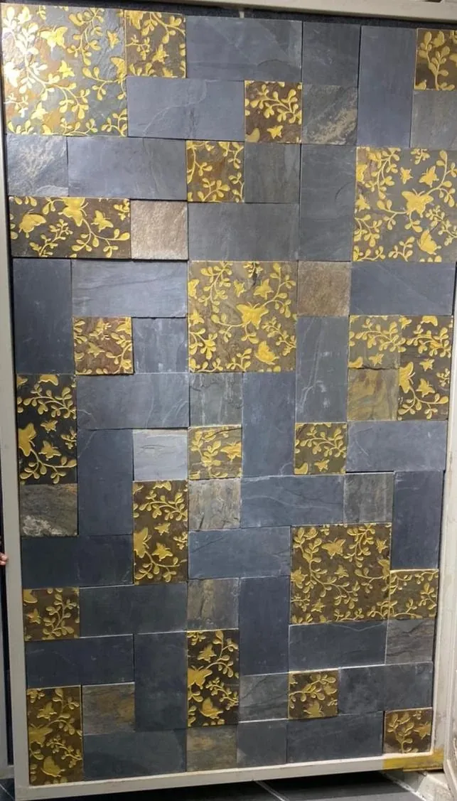 Gold Leaf on Charcoal Patchwork Stone Panel — OS-SM-162, view 2