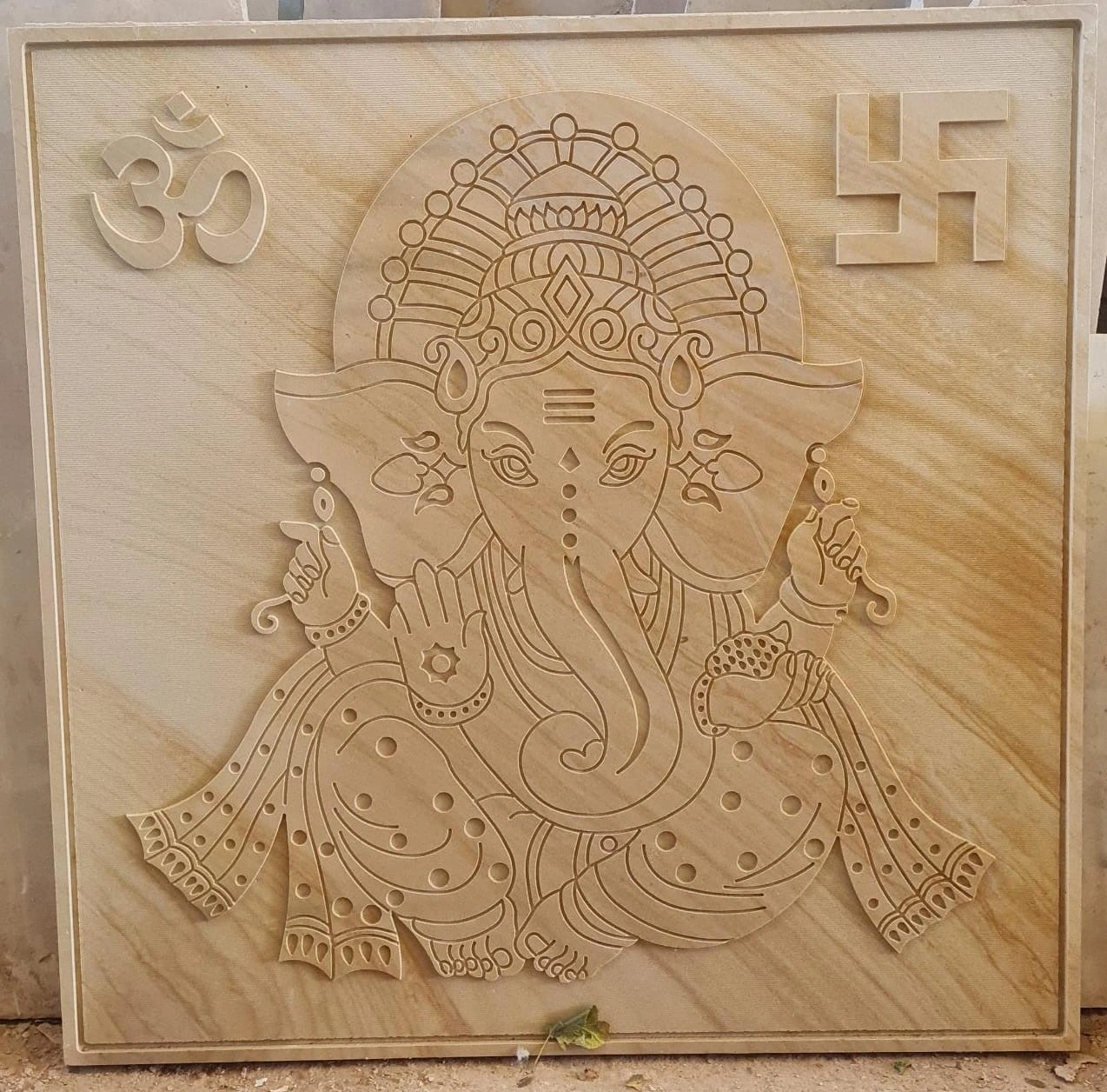 Warm-Toned Ganesha Engraved Stone Mural — OS-SM-016 Carved Murals